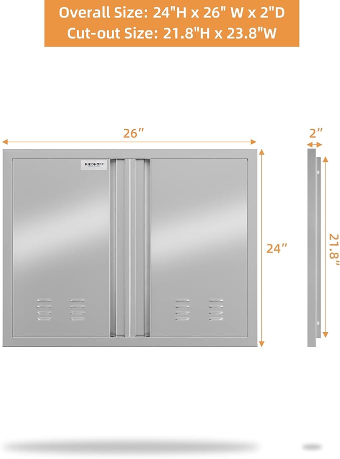 26" W X 24" H BBQ Access Door, Outdoor Kitchen Double Doors with Recessed Handle and Vents, Thickened 304 Stainless Steel Outdoor Kitchen Accessories Door for Indoor, Outdoor, Silver
