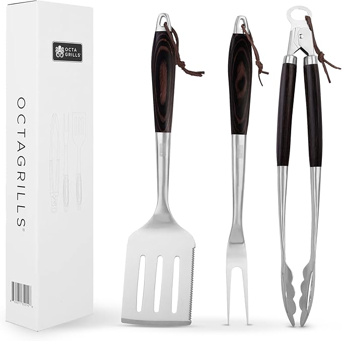 3-Piece BBQ Utensil Set – Premium Stainless Steel Grill Tools with Extra Wide Spatula - Black Pakka Wood Handles & Leather Hanging Loops (Spatula, Tongs & Fork)