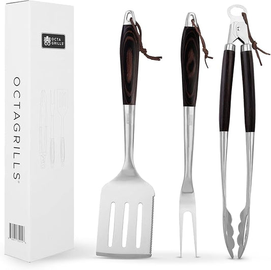 3-Piece BBQ Utensil Set – Premium Stainless Steel Grill Tools with Extra Wide Spatula - Black Pakka Wood Handles & Leather Hanging Loops (Spatula, Tongs & Fork)