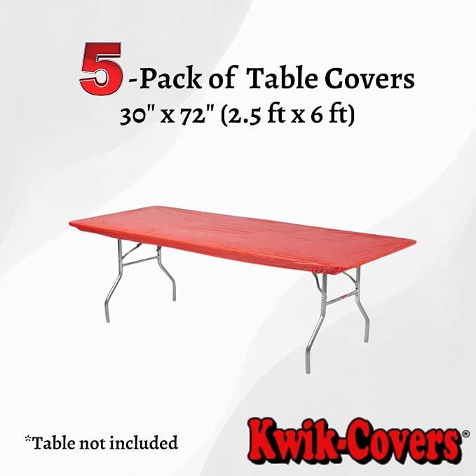 6' Rectangle Plastic Table Covers 30" x 72", Bundle of 5 (Red)