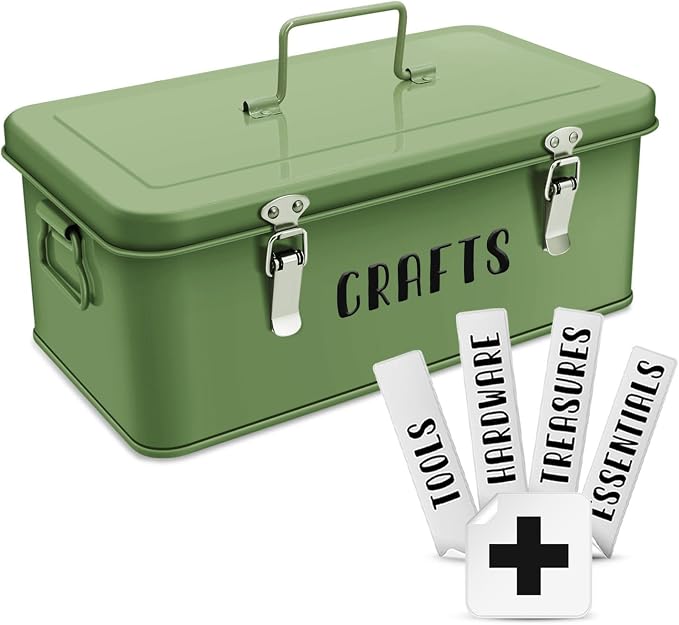 Flexzion 12-Inch Metal Seed Storage Box with Lid, 4 Compartments, Green | Seed packet organizer with dual latches and carry handles for gardening supplies, tools, crafts and household essentials