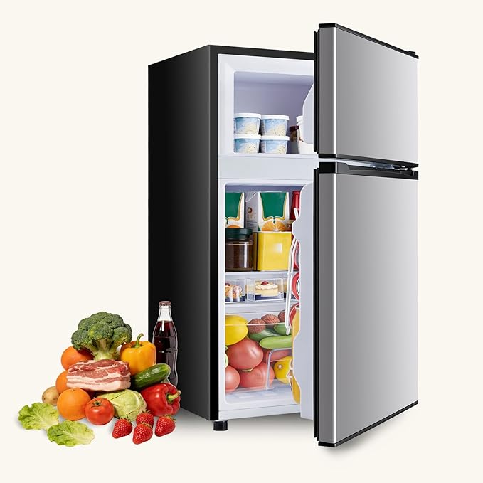NEWBULIG Mini Fridge with Freezer 3.2 Cu.Ft Small Refrigerator for Office, Dorm, Small Fridge with Adjustable Thermostat, Energy Saving, Dual Door, Sliver