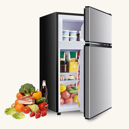 NEWBULIG Mini Fridge with Freezer 3.2 Cu.Ft Small Refrigerator for Office, Dorm, Small Fridge with Adjustable Thermostat, Energy Saving, Dual Door, Sliver