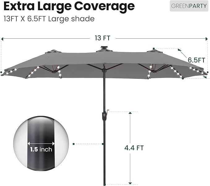 GREEN PARTY 13ft Patio Umbrella with Led Lights, Rectangle Outdoor Umbrella | 12-Mode Solar Lights, Double-Sided Rectangular table Umbrella, Large Shade for Backyard Deck Poolside, Grey(No Base)