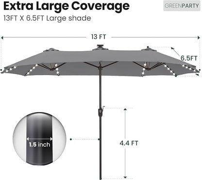 GREEN PARTY 13ft Patio Umbrella with Led Lights, Rectangle Outdoor Umbrella | 12-Mode Solar Lights, Double-Sided Rectangular table Umbrella, Large Shade for Backyard Deck Poolside, Grey(No Base)