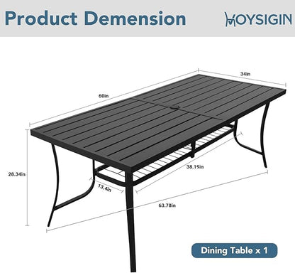 60" Outdoor Metal Patio Dining Table, Rectangular Steel Slat Table with Umbrella Hole, Modern Weather-Resistant Garden Table for 6 People, Backyard, Deck, Black
