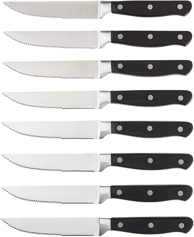 Amazon Basics 8-Piece Full Tang Stainless Steel Serrated Steak Knife Set, 4.5", Black