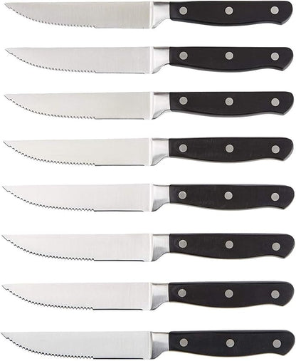 Amazon Basics 8-Piece Full Tang Stainless Steel Serrated Steak Knife Set, 4.5", Black