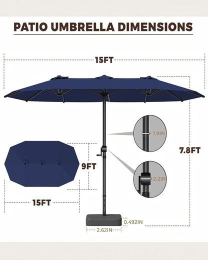 GDPFN 15ft Patio Umbrella with Base Include, Large Outdoor Double-Sided Rectangle Umbrella with Easy Crank Handle for Poolside, Garden & Deck - Navy Blue