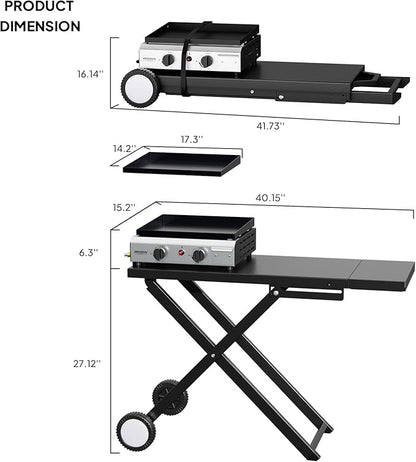 ROVSUN 2 Burner Foldable Propane Griddle with Wheels & Enameled Tray, 20000 BTU Portable Flat Top Gas Grill with Electronic Ignition & Regulator for Outdoor Cooking Camping BBQ Tailgating Picnicking