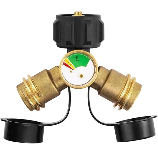GASPRO Propane Splitter with Gauge, Propane Tank Splitter 2 Way for 5-40LB, Perfect for Heaters, Camping Stoves, BBQ Grills, Gas Burners and More