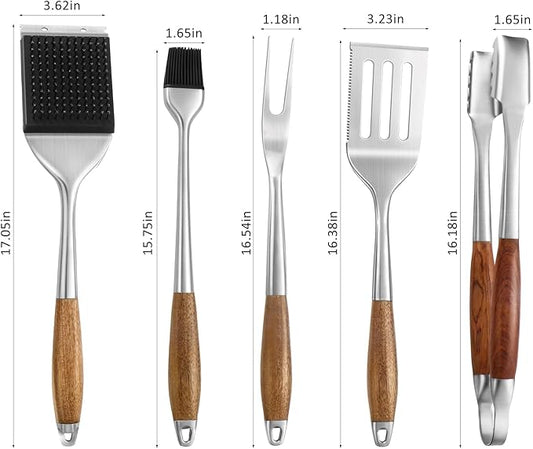 3 pcs Heavy-Duty Rose Wooden BBQ Grilling Tools Set, Extra Thick Stainless Steel Multi-Functional Spatula, Fork, Tong- an Excellent Barbecue Gift for Men