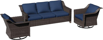 3 Pieces Patio Conversation Furniture Set - 1 Sofa, 2 Swivel Chairs, Outdoor Wicker Furniture with Removable Cushions for Porch, Balcony, Sunroom (Blue)