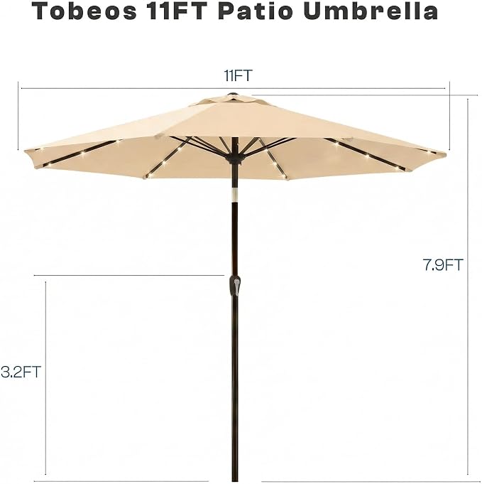 11FT Solar Lighted Patio Umbrella, Outdoor Table Market Umbrellas with Crank Lift, 32 LED Lights, 8 Sturdy Ribs, UV-Resistant for Deck, Garden, Pool