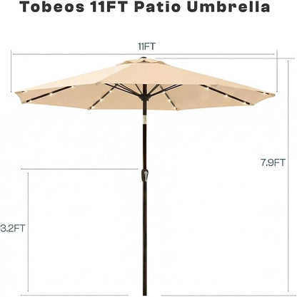 11FT Solar Lighted Patio Umbrella, Outdoor Table Market Umbrellas with Crank Lift, 32 LED Lights, 8 Sturdy Ribs, UV-Resistant for Deck, Garden, Pool