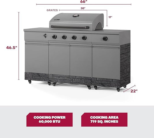 Tytus Fresno 5-Burner Propane or Natural Gas Island Grill – 864 sq. in. Cooking, 48,000 BTU Main + 12,000 BTU Side Burner, Porcelain Grates, Storage Cabinets, Semi-Portable - GM/Graphite Starter Kit