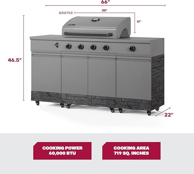 Tytus Fresno 66" 5-Burner Propane or Nat Gas Island Grill, 60K Total BTUs | Pre-assembled for fast install, 864 sq inch cooking area with Side Burner, Storage, Ice Bucket - Gunmetal / Graphite Island