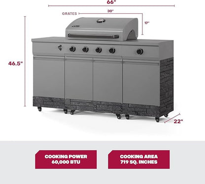 Tytus Fresno 66" 5-Burner Propane or Nat Gas Island Grill, 60K Total BTUs | Pre-assembled for fast install, 864 sq inch cooking area with Side Burner, Storage, Ice Bucket - Gunmetal / Graphite Island