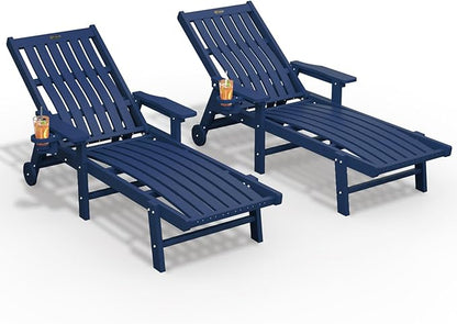 THOEOE Patio Chaise Lounge Chair Set of 2, Oversized Lounge Chair Outdoor with 5 Positions, 78″ Long, HDPE, Patio Lounge Chair with Wheels & Cup Holder for Pool, Deck, Poolside,Navy Blue