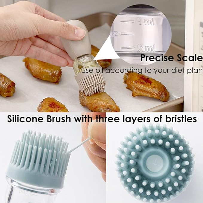 Oil Dispenser with Brush - 2 Pack Olive Oil Dispenser, 2 IN 1 Oil Dispensing Bottle with Basting Brush for Cooking Frying Baking Kitchen, T-OB21 Grey+Green