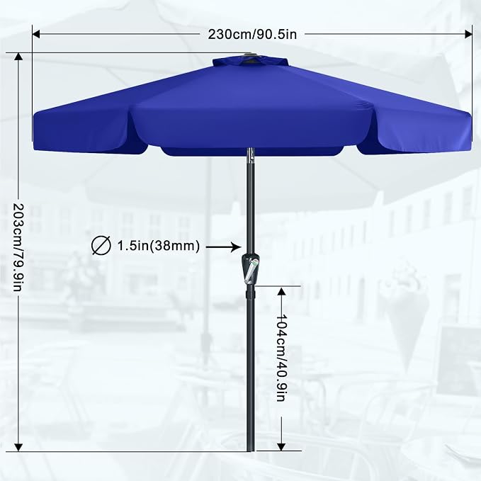 MASTERCANOPY 7.5ft Patio Umbrella with Valance, Crank & Tilt, Blue | 6 ribs, UV/fade-resist, waterproof, vent, for garden/deck/yard/pool