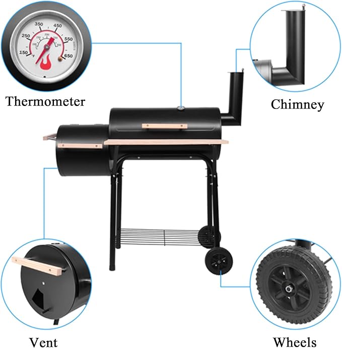 BBQ Grill Charcoal Offset Smoker with Wheel & Storage Shelf & Thermometer,High Temperature Spray Paint 500-600 Degrees,Oil Barrel Charcoal Furnace,Outdoor for Camping,Black