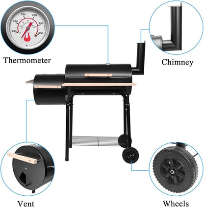 BBQ Grill Charcoal Offset Smoker with Wheel & Storage Shelf & Thermometer,High Temperature Spray Paint 500-600 Degrees,Oil Barrel Charcoal Furnace,Outdoor for Camping,Black