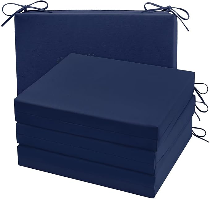 Cozyide Outdoor Chair Cushions, Waterproof Patio Seat Cushions with Adjustable Straps, Square Corner Patio Chair Cushions for Garden, Navy, 18.5x16x3 Inch (Pack of 4)