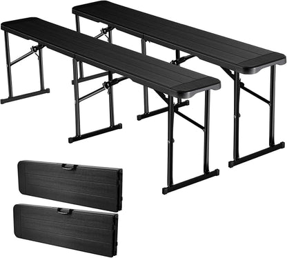 VEVOR Plastic Folding Bench, 6 ft Portable Bench for Outdoor Picnic Party Camping Dining, Foldable Smooth HDPE Seat for Garden Soccer Multipurpose Entertaining Activities, 1/2 Pack (2, Black, 6FT)
