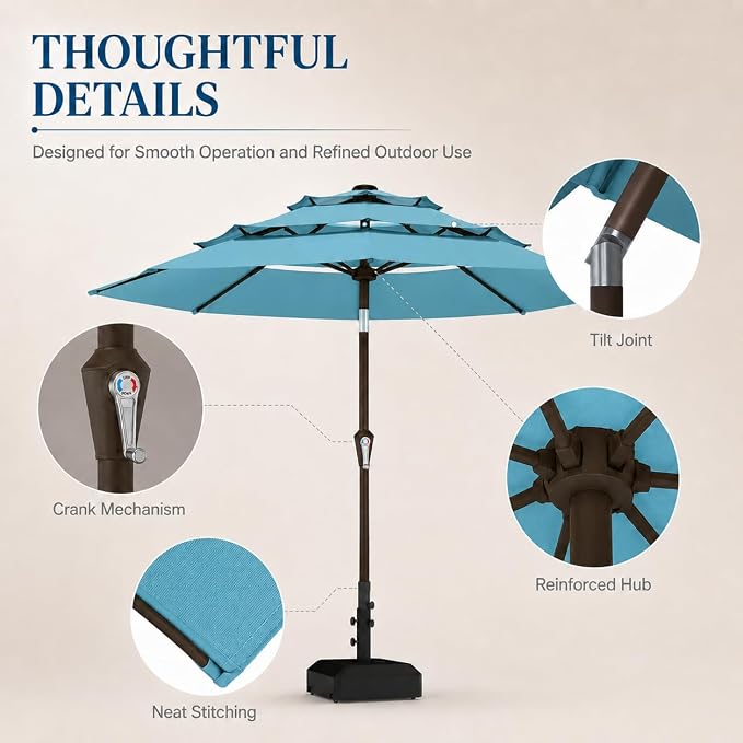 10ft Patio Umbrella, 3-Tier Vented Outdoor Table Umbrella with 8 Sturdy Fiberglass Ribs, Windproof Market Umbrella with Push Button Tilt and Crank, UV Protection for Deck, Pool, Sky Blue