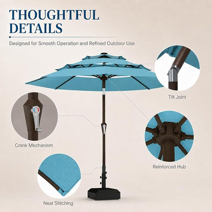 10ft Patio Umbrella, 3-Tier Vented Outdoor Table Umbrella with 8 Sturdy Fiberglass Ribs, Windproof Market Umbrella with Push Button Tilt and Crank, UV Protection for Deck, Pool, Sky Blue