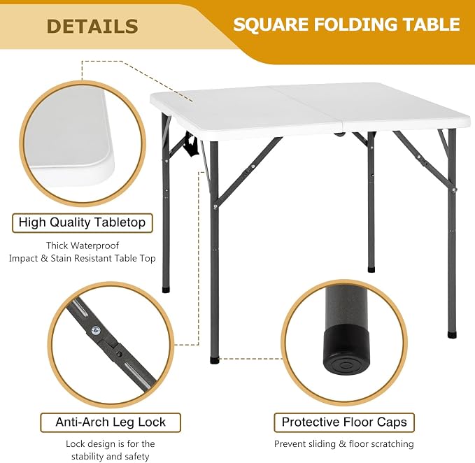 PayLessHere 34" Square Plastic Folding Card Table, Portable Outdoor Dining Table with Collapsible Legs and Carrying Handle,Plastic Tables for Camping,Picnic, Office, Party, White