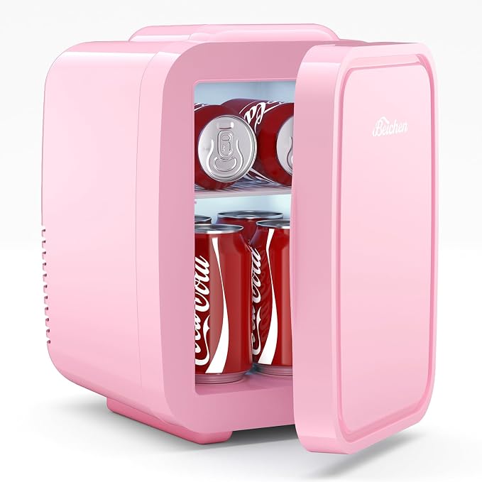BEICHEN Mini Fridge 4 Liter/6 Can Portable Compact Refrigerator | for Bedroom Office Dorm Car, Fast Cooling, Low Noise, 100-125V AC/5-12V USB, for Skincare, Food, Drinks(Pink)