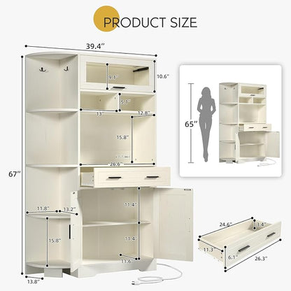 YITAHOME 67" Kitchen Hutch with Outlet, Shelves & Drawer, Off-White | Farmhouse Microwave Stand Buffet Coffee Bar for Living Room and Dining Room