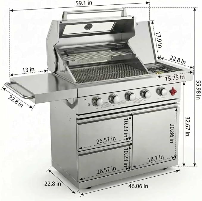 46" Stainless Steel Outdoor Kitchen BBQ Island Grill with LPG Silver | Stainless Steel Outdoor Kitchen Island, 6-Burner 75300 BTU Propane Gas BBQ Grill