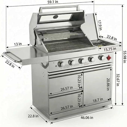 46" Stainless Steel Outdoor Kitchen BBQ Island Grill with LPG Silver | Stainless Steel Outdoor Kitchen Island, 6-Burner 75300 BTU Propane Gas BBQ Grill