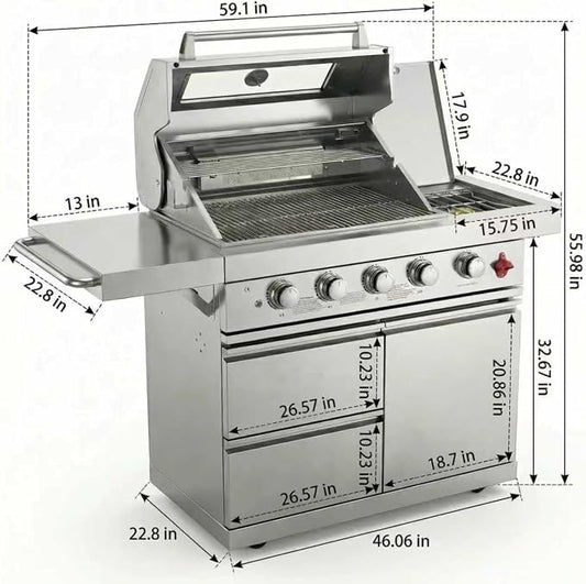 46" Stainless Steel Outdoor Kitchen BBQ Island Grill with LPG Silver | Stainless Steel Outdoor Kitchen Island, 6-Burner 75300 BTU Propane Gas BBQ Grill