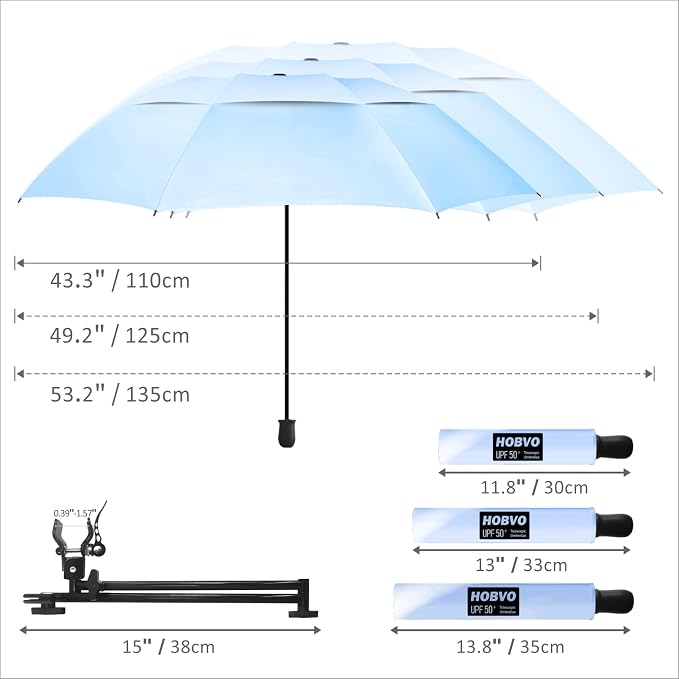 HOBVO UPF 50+ Golf Umbrella with Adjustable Universal Clamp, Portable Umbrellas for Rain, Manual Open & Close, for Beach Chair, Golf Cart, Stroller, Bleacher, Patio