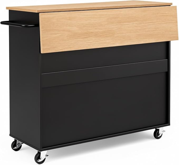 VEVOR Kitchen Island Cart with Storage, 42.4 in Wide Mobile Rolling Storage Island on Swivel Wheels, with 3 Drawers, Storage Cabinet, Drop Leaf, Towel Rack, Table for Home Dining Room, Black