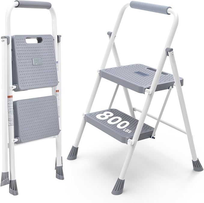 OLIXIS 2 Step Ladder, 880lbs Heavy Duty Step Stool with Anti-Slip Pedal | Portable Stepping Stool with Sturdy Ladder & Comfortable Handrail, for Kitchen, Garage & Outdoor Use, Grey