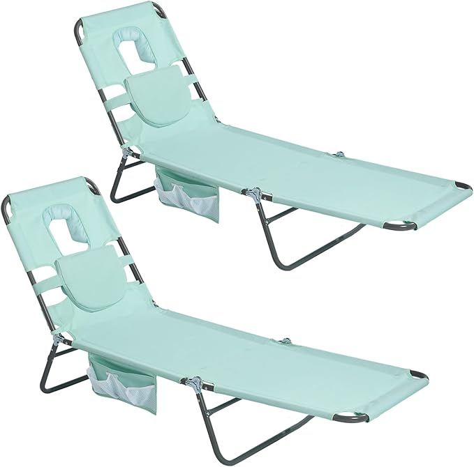 SUNNYFEEL Lay Flat Tanning Chair with Face Down Hole & Arm Slots, Backpack Beach Lounge Chair, 5-Position Folding Sunbathing Chair, 300 LBS Heavy Duty, 72" L x 22" W for Beach, Pool, Camping