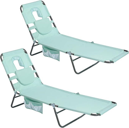 SUNNYFEEL Lay Flat Tanning Chair with Face Down Hole & Arm Slots, Backpack Beach Lounge Chair, 5-Position Folding Sunbathing Chair, 300 LBS Heavy Duty, 72" L x 22" W for Beach, Pool, Camping