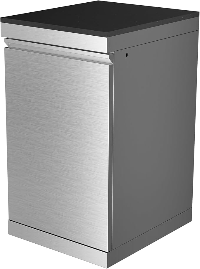 Stainless Steel Outdoor Kitchen Storage Cabinet with Granite Countertop, Modular BBQ Island Drawer Alternative, Reversible Door, Locking Caster Wheels for Patio Grill Station Appliance Prep (Silver)