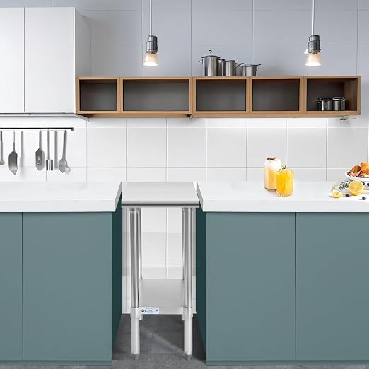 Hally Stainless Steel Table 30 x 15 Inches, NSF Commercial Side Table | Space-saving, sturdy surface for cafes and food trucks; adjustable undershelf, leveling feet, narrow kitchen station.