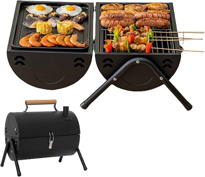 Portable Charcoal Grill, Small BBQ Grill, Tabletop Barbecue Grill with Chimney for Outdoor, Charcoal Grill for Camping Picnic Backyard Patio, Anti-scalding Handles, Easy Assembly (Black)