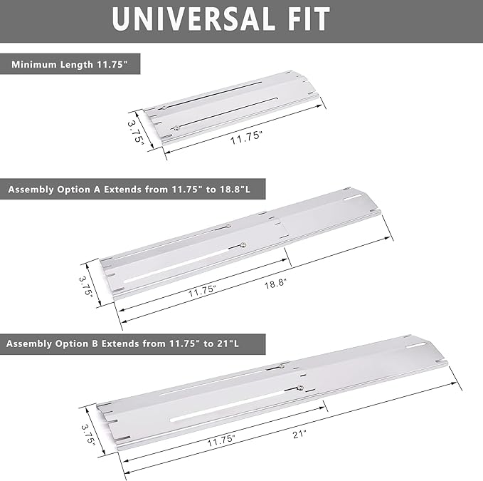 Universal Replacement Heavy Duty Adjustable Heat Plate Shield, Stainless Steel Heat Tent, Burner Cover, Flavorizer Bar, Flamer Tamer for Gas Grill Models, Extends from 11.75" up to 21" L, 3 Pack