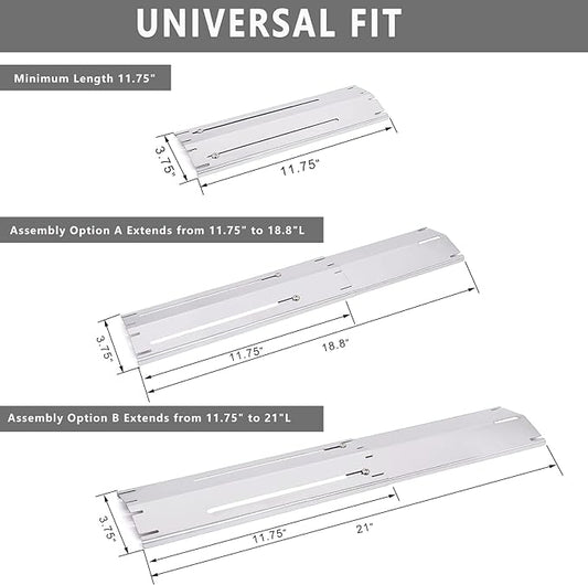 Universal Replacement Heavy Duty Adjustable Heat Plate Shield, Stainless Steel Heat Tent, Burner Cover, Flavorizer Bar, Flamer Tamer for Gas Grill Models, Extends from 11.75" up to 21" L, 3 Pack