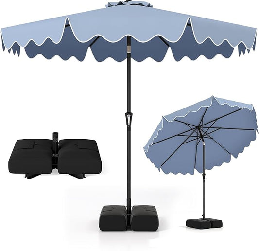 Tangkula 9 FT Patio Umbrella with Base Included, 2-Tiers Outdoor Scalloped Table Umbrella with 2 Sandbags, Tilt Adjustment, Crank, 8 Ribs for Market Backyard Pool Deck Beach Lawn