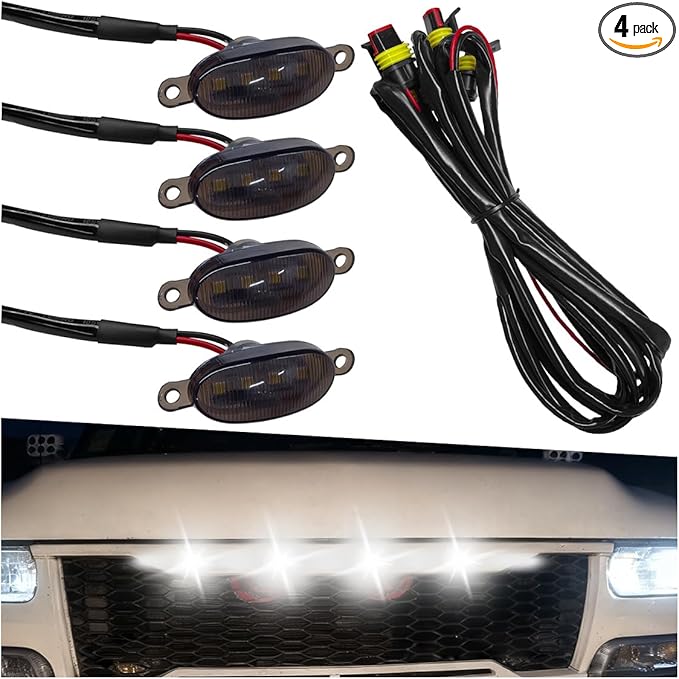 YoRise 4PCS Car LED Grille Lights, Bright Auto Front Grill DRL Lamps, Waterproof Car Bumper Running Light with Wiring Harness, Vehicle Exterior Trim Lamp Compatible with F150, F250, F350 (White)