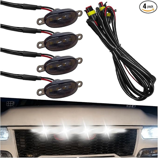 YoRise 4PCS Car LED Grille Lights, Bright Auto Front Grill DRL Lamps, Waterproof Car Bumper Running Light with Wiring Harness, Vehicle Exterior Trim Lamp Compatible with F150, F250, F350 (White)